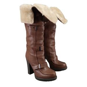 Luxury Rebel Shoes Womens 37 Boots Penelope Knee High Heel Leather Fold Over Fur